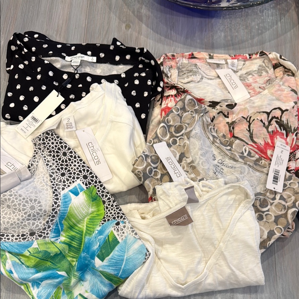 Chico's Mixed Print & Solid S/S Tops — Black, White, Cream, Blue, Green, Pink